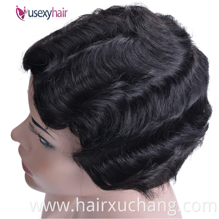 Short Black Curly Wigs For Black Women None Lace Machine Made Pixie Cut Finger Wave Human Hair Wigs